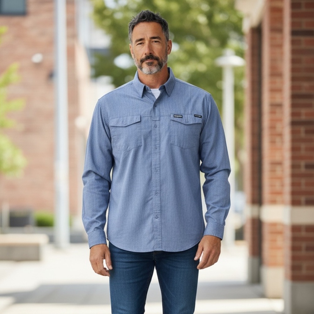 Wrangler Outdoor 2XL Gray Chambray Long Sleeve Snap Up Shirt Mens